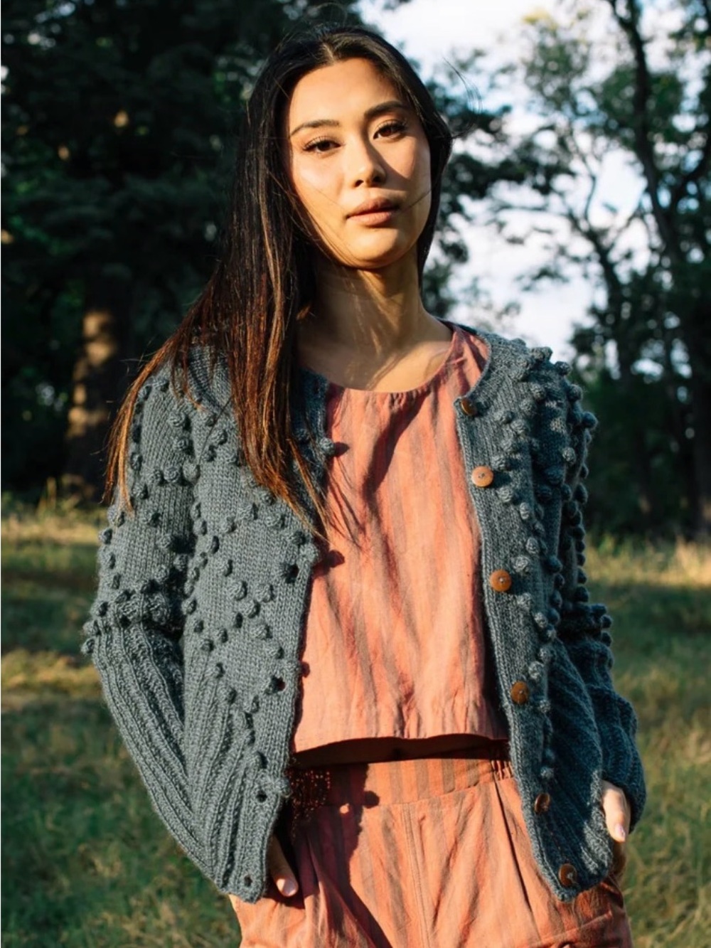 Pom-Pom Button Front Cardigan